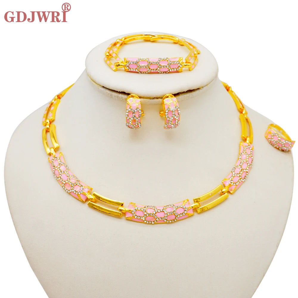 Dubai Gold Color Classics Jewelry Sets For Women Charm Crystal Green Necklace Earrings Nigerian Wedding African Costume Jewelry