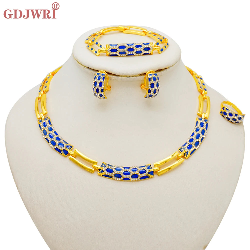 Dubai Gold Color Classics Jewelry Sets For Women Charm Crystal Green Necklace Earrings Nigerian Wedding African Costume Jewelry