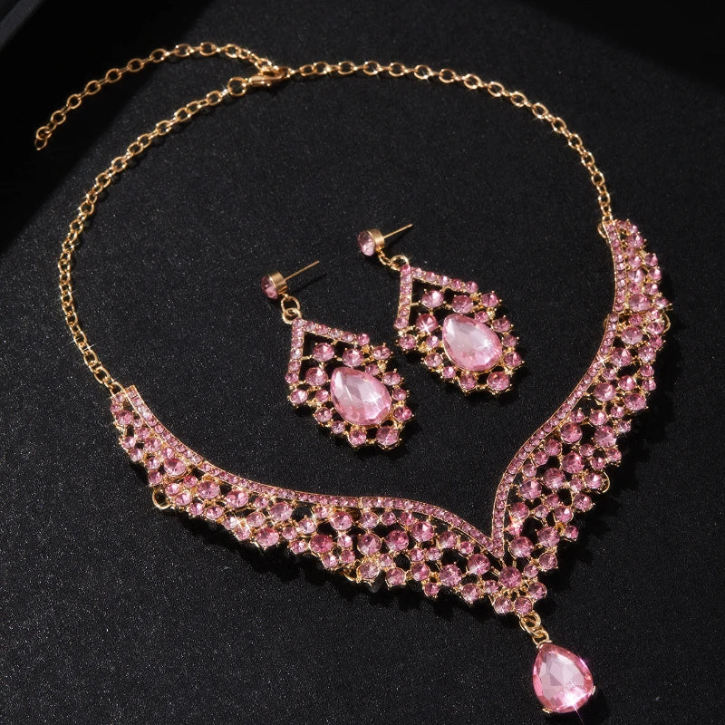 Sparkling Luxurious Women Earrings Necklace Set Water Drop Rhinestones Crystal Adjustable Jewelry Set for Wedding Bride