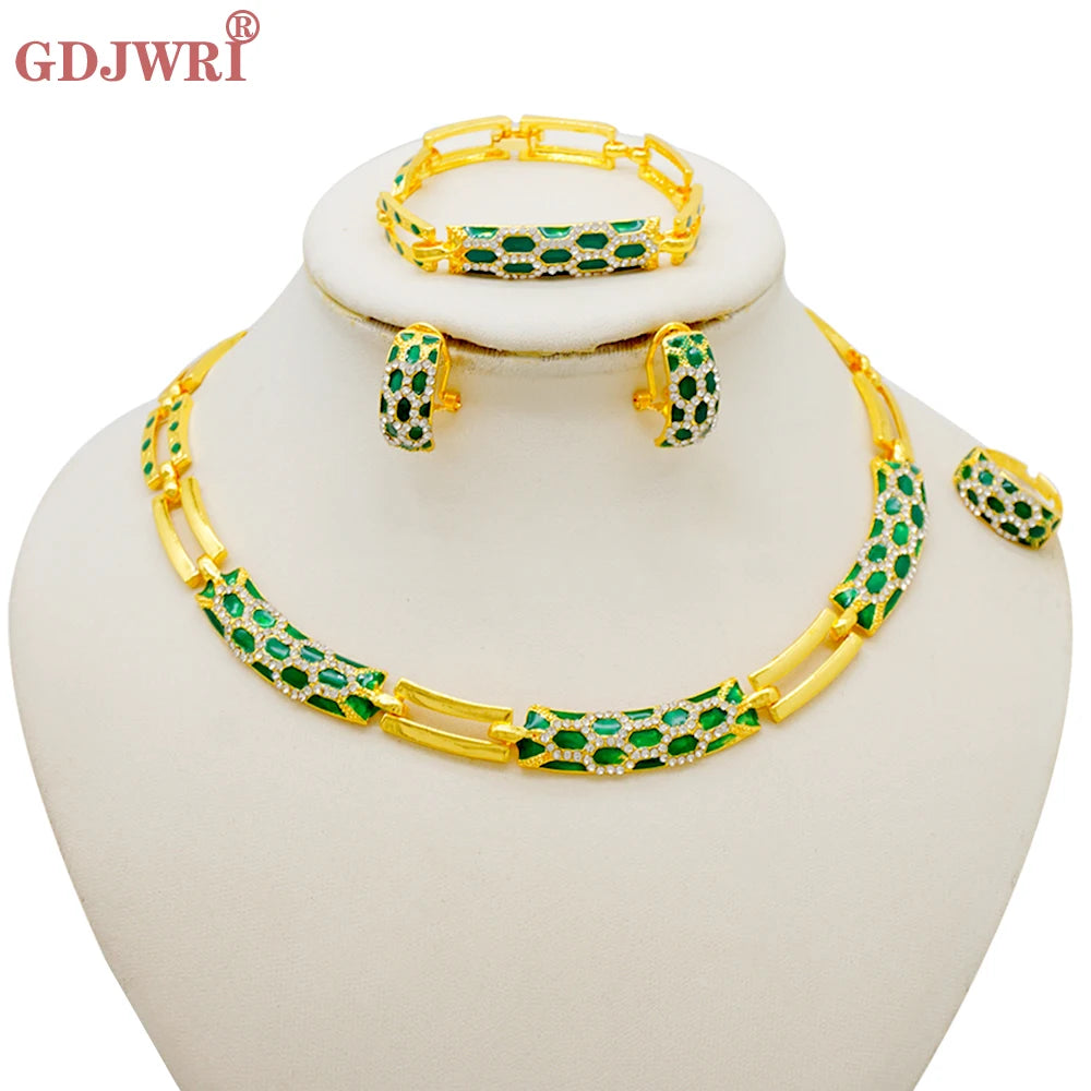 Dubai Gold Color Classics Jewelry Sets For Women Charm Crystal Green Necklace Earrings Nigerian Wedding African Costume Jewelry
