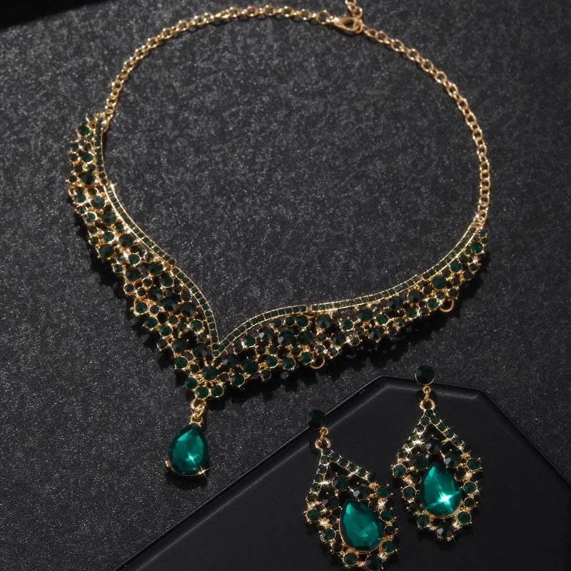 Sparkling Luxurious Women Earrings Necklace Set Water Drop Rhinestones Crystal Adjustable Jewelry Set for Wedding Bride