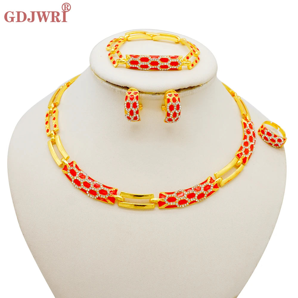Dubai Gold Color Classics Jewelry Sets For Women Charm Crystal Green Necklace Earrings Nigerian Wedding African Costume Jewelry