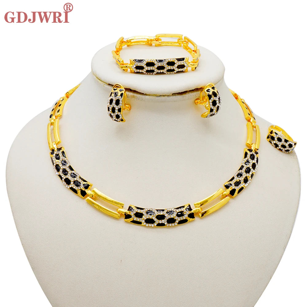 Dubai Gold Color Classics Jewelry Sets For Women Charm Crystal Green Necklace Earrings Nigerian Wedding African Costume Jewelry