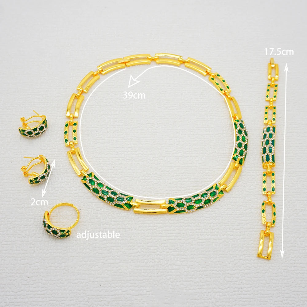 Dubai Gold Color Classics Jewelry Sets For Women Charm Crystal Green Necklace Earrings Nigerian Wedding African Costume Jewelry