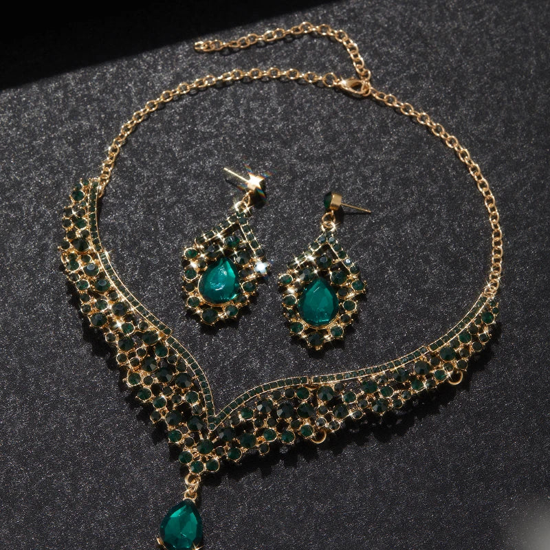 Sparkling Luxurious Women Earrings Necklace Set Water Drop Rhinestones Crystal Adjustable Jewelry Set for Wedding Bride