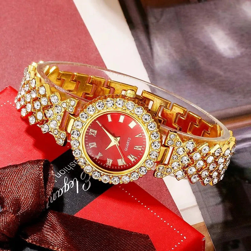 Golden Luxury Watch Women Ring Necklace Earring Rhinestone Fashion Wristwatch Casual Ladies Bracelet Watches Jewelry Set