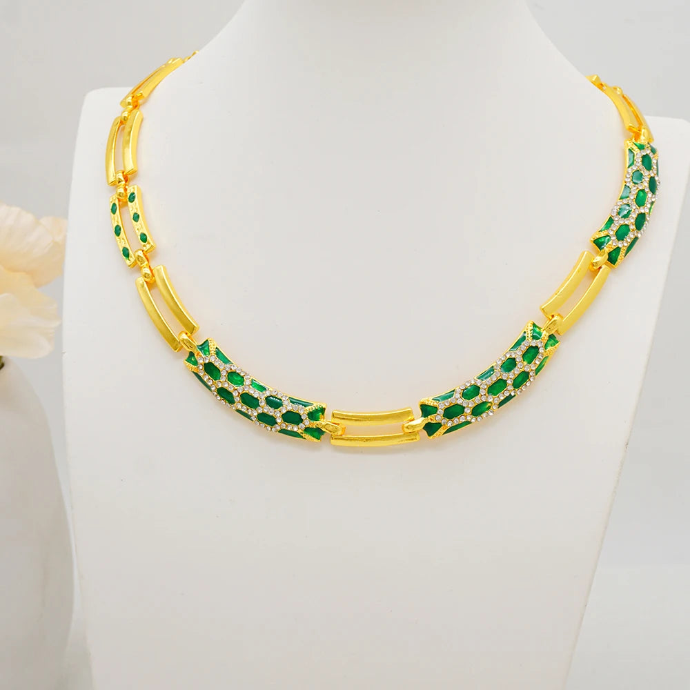 Dubai Gold Color Classics Jewelry Sets For Women Charm Crystal Green Necklace Earrings Nigerian Wedding African Costume Jewelry