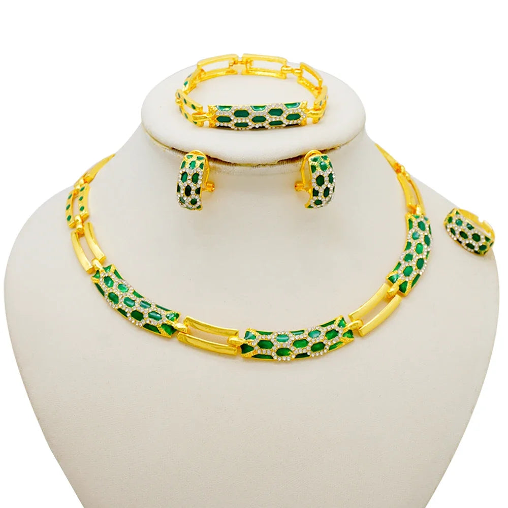 Dubai Gold Color Classics Jewelry Sets For Women Charm Crystal Green Necklace Earrings Nigerian Wedding African Costume Jewelry